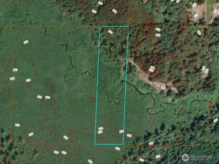 Overhead view with approximate boundaries in blue with approximate topography lines.