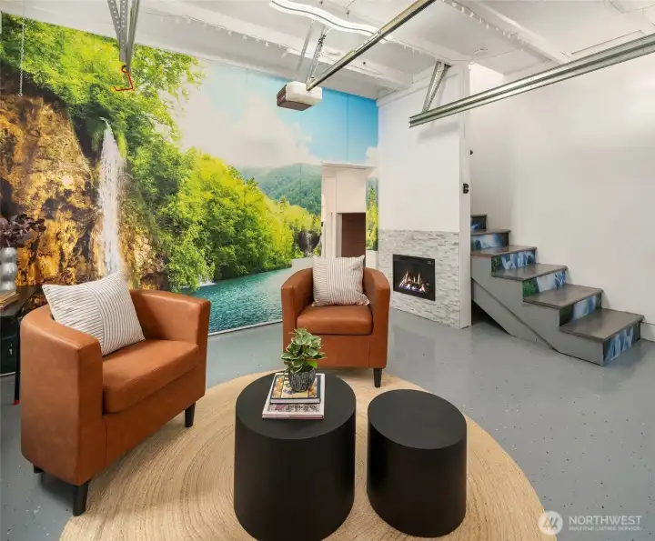 The one-car garage was converted into a hang-out but could easily be turned back into a garage. The interior stairway to the garage is off the kitchen.