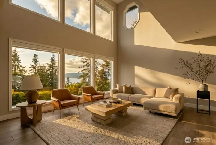 Virtually Staged Livingroom wih golden hour light