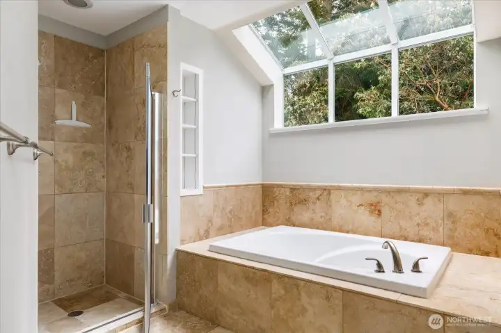 Primary shower and tub with lots of natural light.