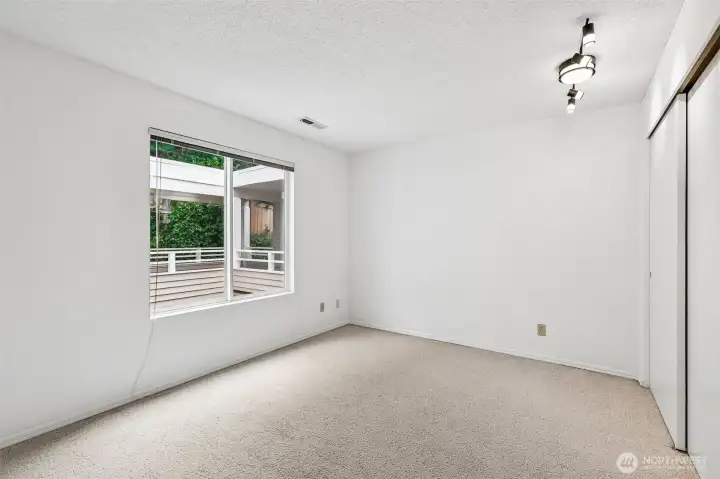 Secondary bedroom with large closet and window.