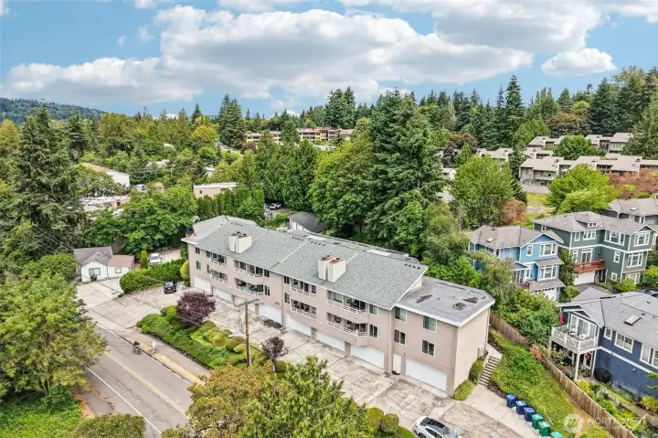 Elevated neighborhood view toward Lake Washington.