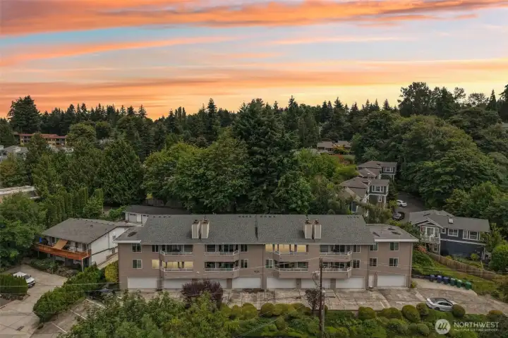Sunset aerial of the Juanita Cove community.