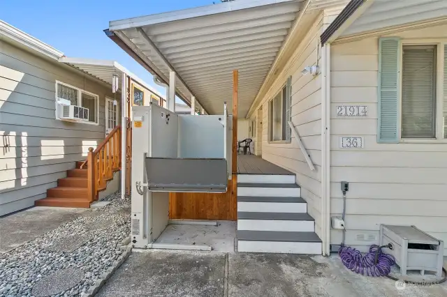 Covered poly deck, stairs, and new lift elevator.