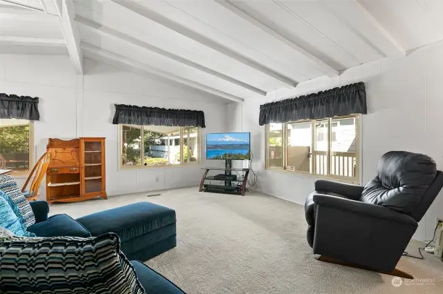 Vaulted ceiling, and new carpet.