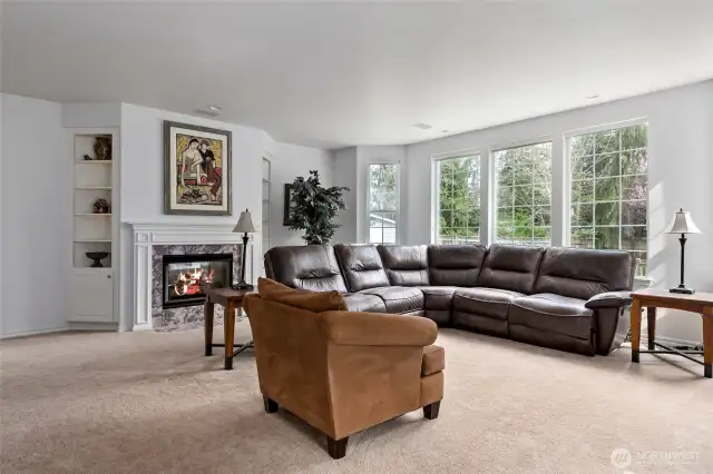 Family rooms with built-ins surrounding the gas fireplace.
