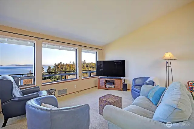 Living area has a great room feel with vaulted ceilings...