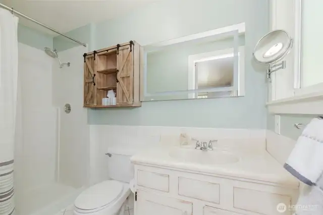Looking into the primary bathroom.