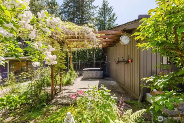 The enclosed and private courtyard garden with hot tub pad and SUP storage.