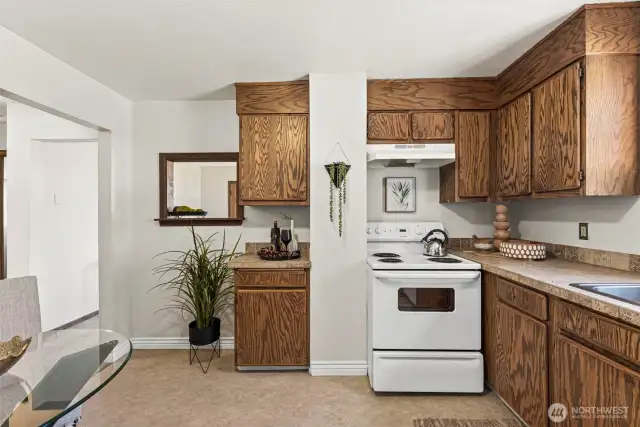 The spacious kitchen is a true standout, featuring abundant cabinetry that provides ample storage for all your cooking essentials and more.