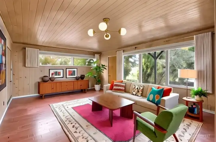 Virtually staged lower-level living area styled in keeping with the home’s mid-century era.