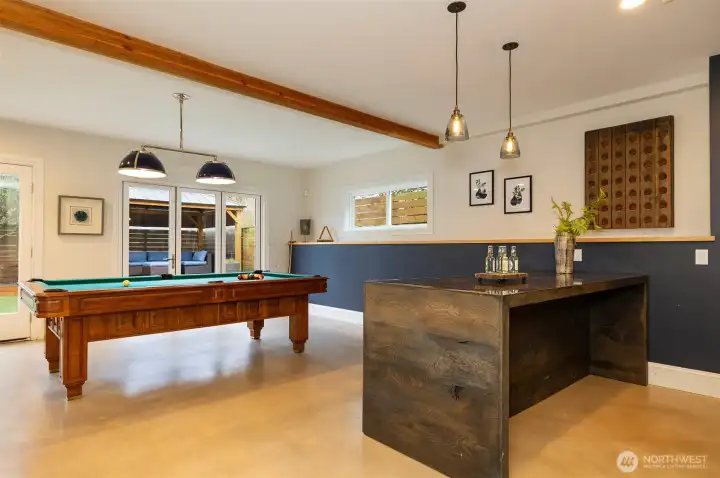 Pool table and bar.
