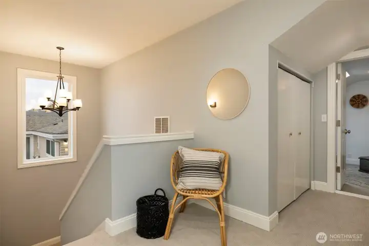 Upstairs has three rooms and a double vanity bathroom.