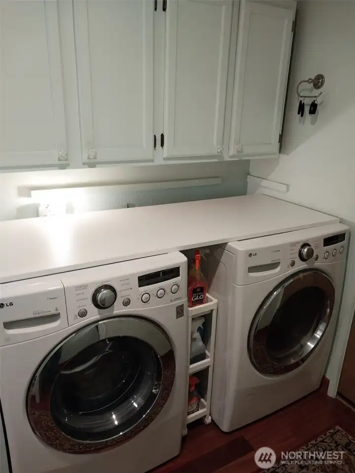 Laundry with newer appliances that stay plus storage.