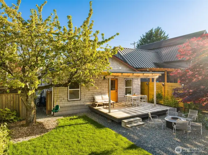 Backyard features a  large covered deck and   mature trees (Rainier cherry, Japanese Maple, Dogwood) and  newly planted Vine Maple along the property line.