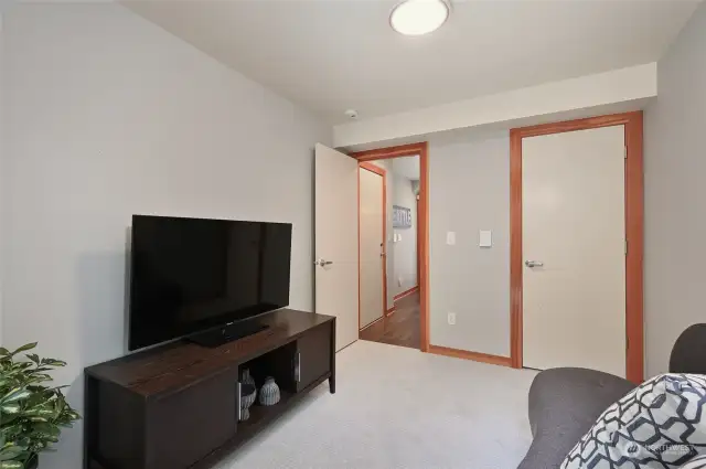 Room features large walk in under the stairs closet.