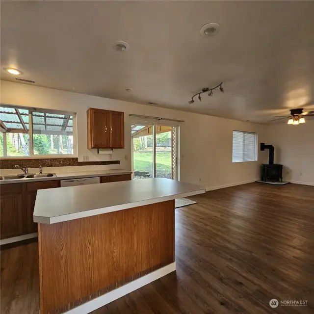 Kitchen opens to living room