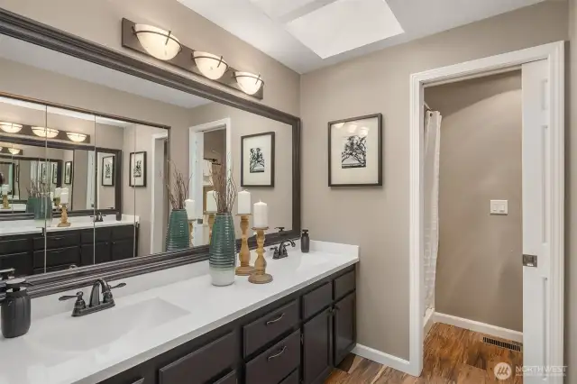 Primary bathroom with natural light from skylight