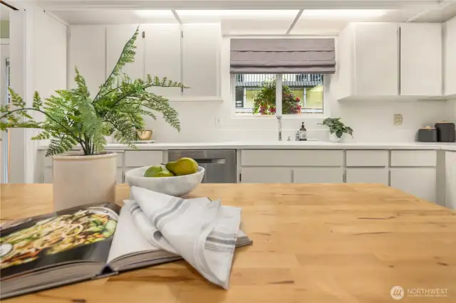 Butcher block island, for more work space and storage, or breakfast bar