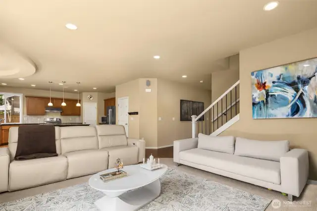High-end surround sound wiring and the gas fireplace make this living room comfortable and functional.