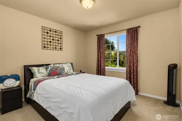 Upper bedroom with custom closet organizer.