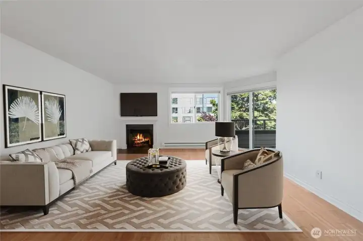 Virtual staging to highlight fireplace in living room.