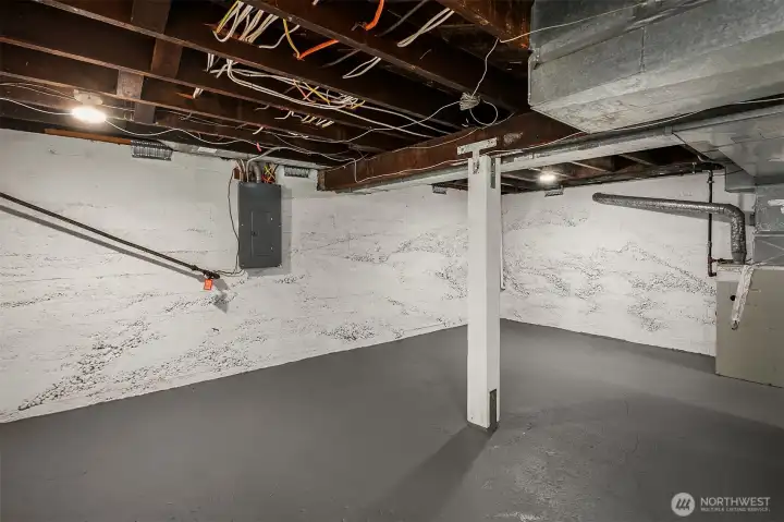 Lower level storage space with future potential.