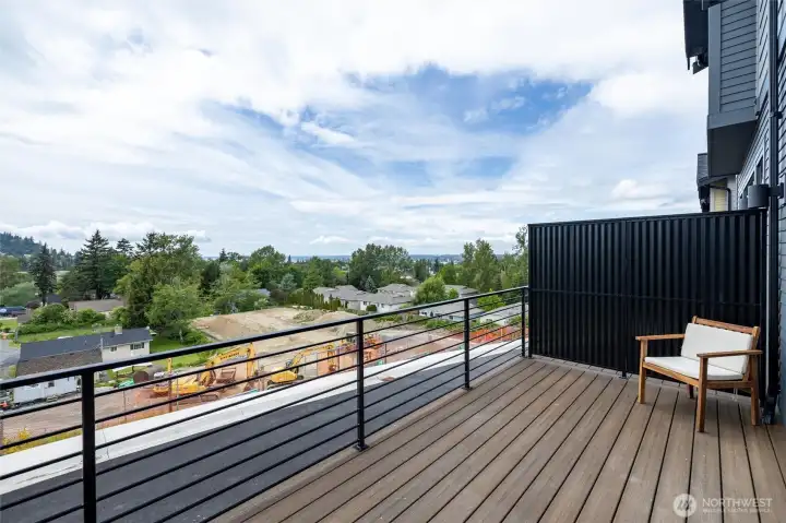 The deck is large and has views of Sehome hill, downtown Bellingham and the bay.