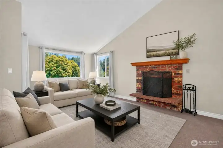 Wood burning fireplace invites into the Living Room (virtually staged) Wood burning fireplace invites into the Living Room (virtually staged)