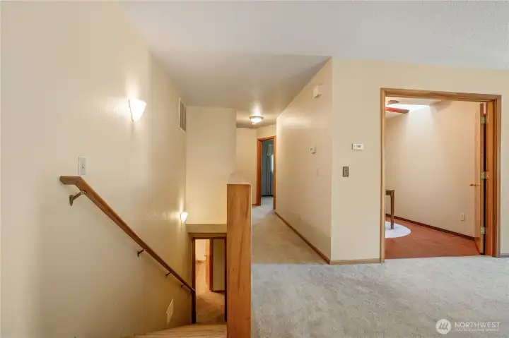 Easy sloping stairwell heading into the daylight basement Easy sloping stairwell heading into the daylight basement