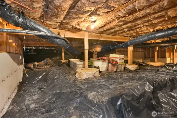 Tall crawlspace under the house provides storage space Tall crawlspace under the house provides storage space