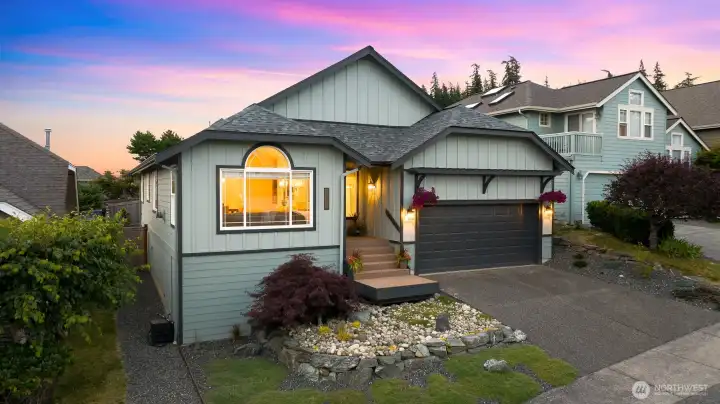 Front landscaping with Japanese maple tree, river rocks & succulent bed, fragrant no-mow wooly thyme ground cover and gravel path to backyard. Front landscaping with Japanese maple tree, river rocks & succulent bed, fragrant no-mow wooly thyme ground cover and gravel path to backyard.