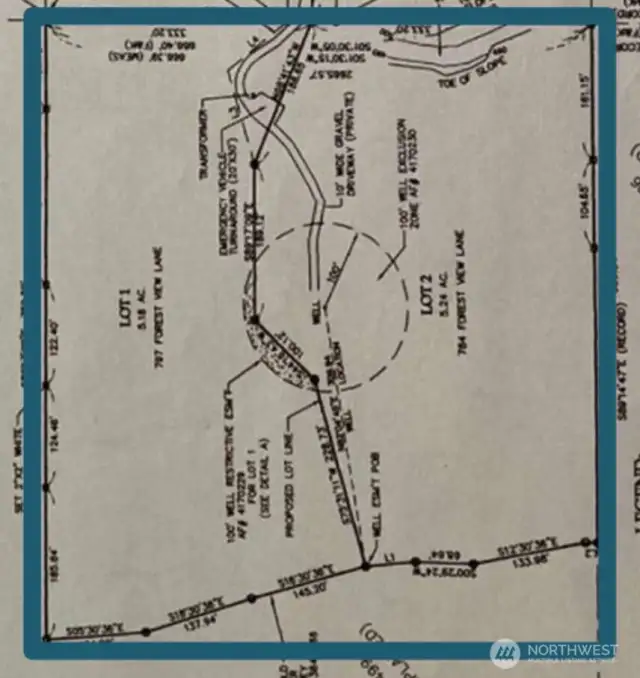 Closeup from survey showing both lots for 10+ acre total; shows the well location.