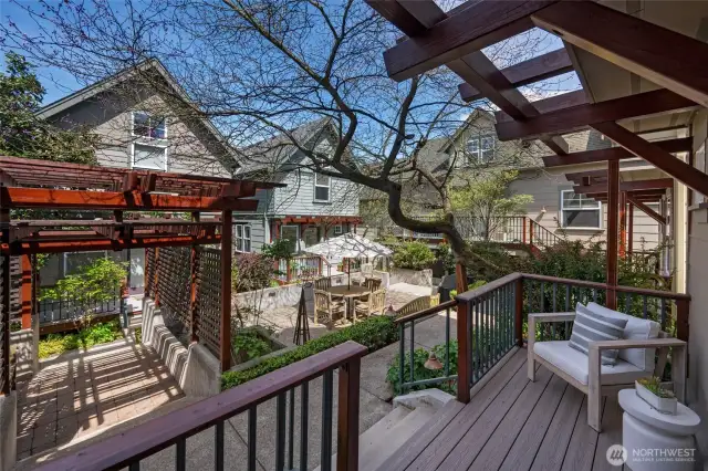 Looking onto private and beautifully manicured courtyard from the front porch. The stunning tree in front of this home bursts into bloom in the spring and turns a rich dark purple in the fall.