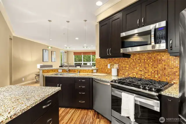 striated bamboo flooring, recycled glass counter tops