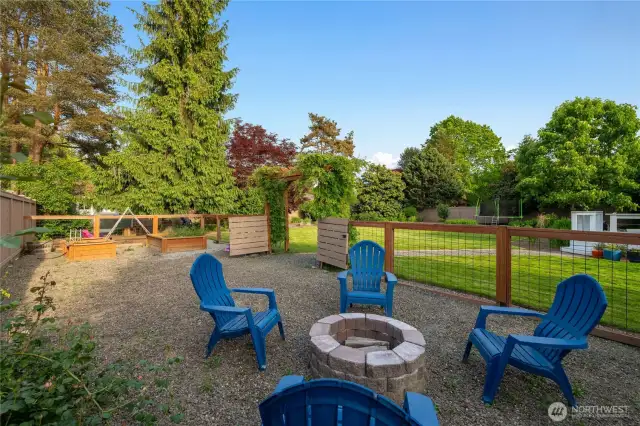 Firepit and fenced garden.