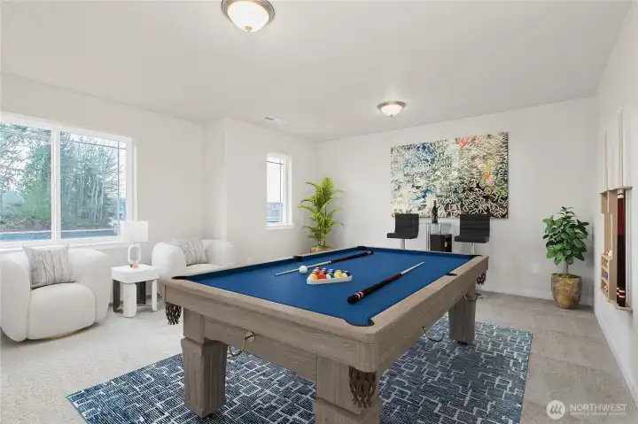 Virtually staged photo of oversized 5th room to show usage flexibility.