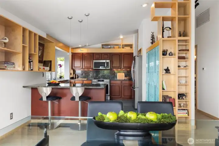 The kitchen has tons of storage & counter space plus fun pantry storage in lockers that can be removed  & replaced with shelving if preferred