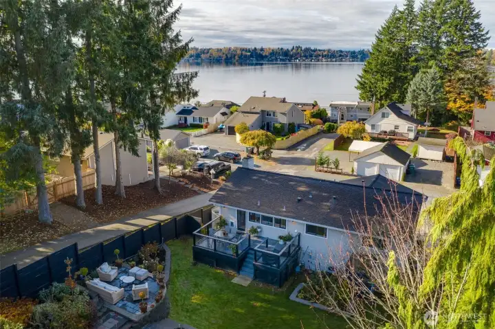 Overhead view of property and lake  from backyard