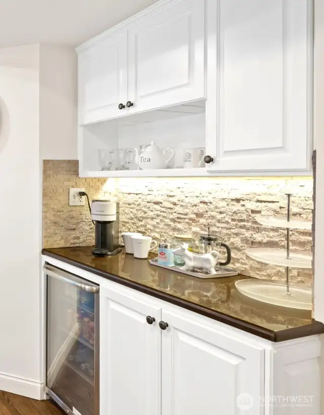 Wet bar and mini fridge for grab n go beverages or wine storage