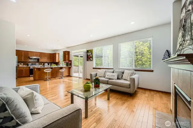 Open floor plan from family room to kitchen area