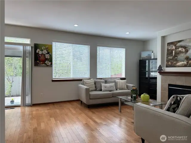 Family room looks out to green belt back yard
