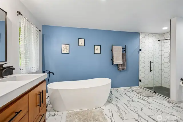 Stunning soaking tub and shower.