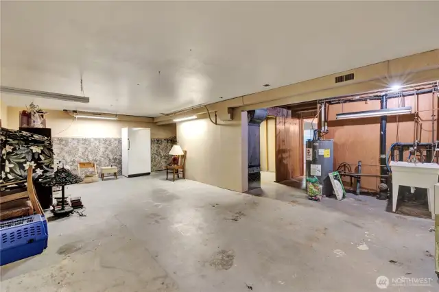 Unfinished Basement with three additional unfinished rooms and bathroom.