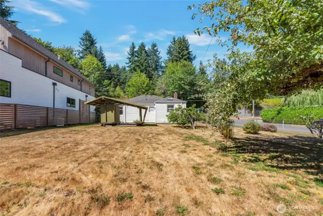Large fenced yard with fruit trees and garden space