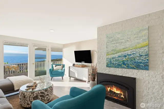 Inside you have a cozy gas fireplace.
