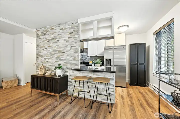 Check out the stunning tile wall & the great bar for casual dining.