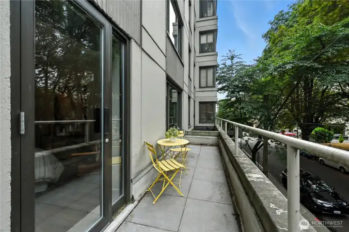 Here's the wonderful private deck looking out to the lush, tree-lined street to relax or entertain guests.