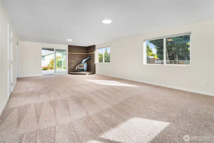 Family room with woodburning stove