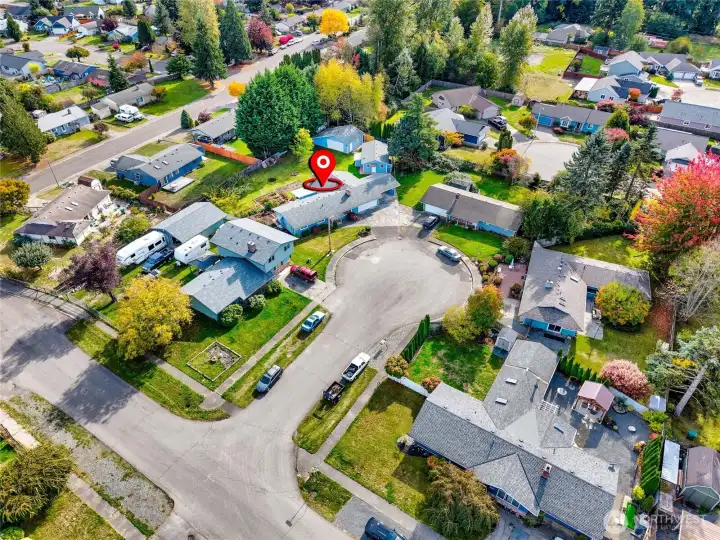 Aerial view of the property and the cul de sac